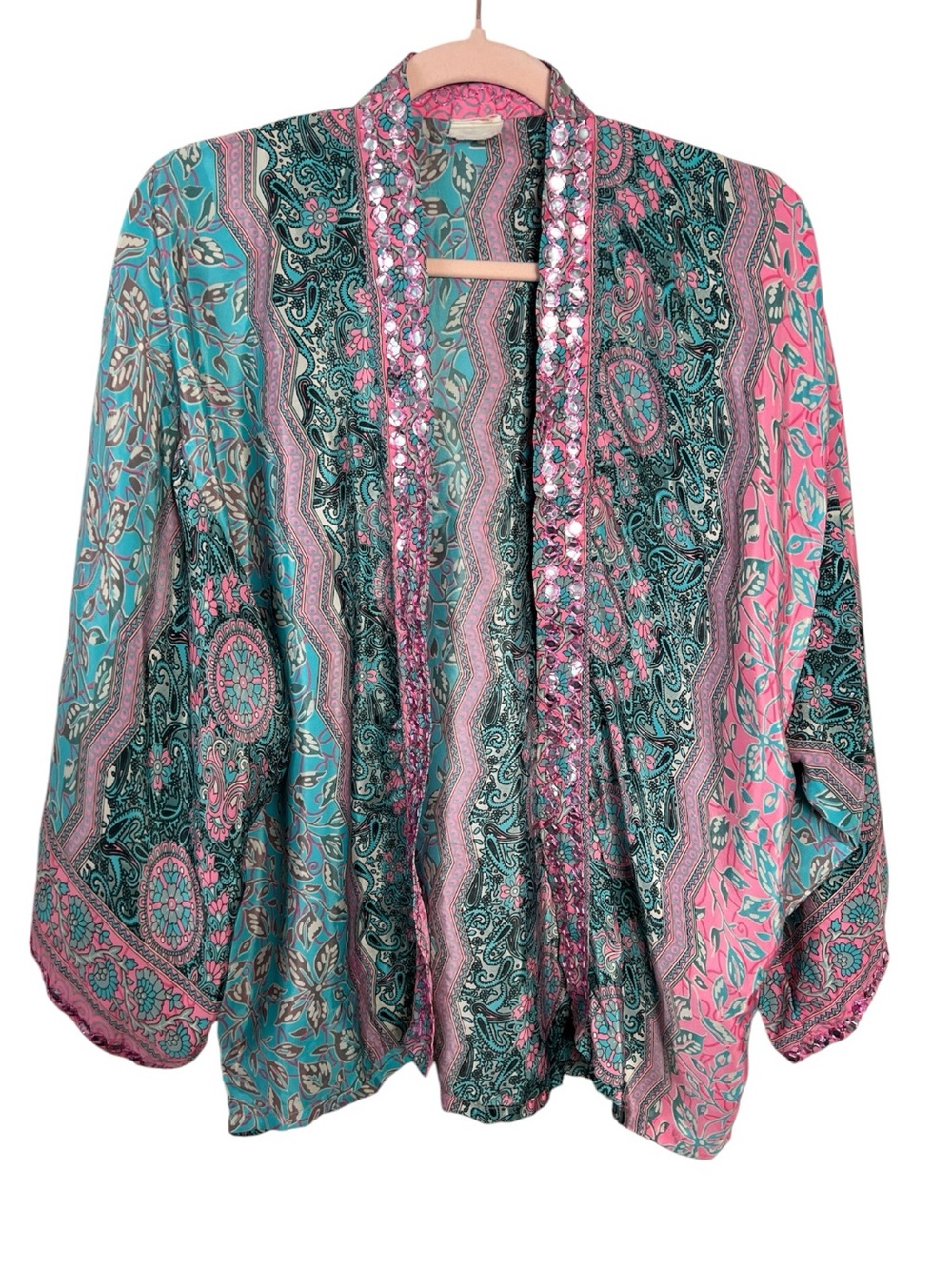 Vintage India Boho Kimono Cardigan Mirror Trim Open Front Pink Blue S/M